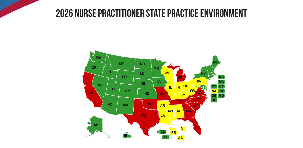 Map of United States nurse practitioner practice authority by state (full, reduced, and restricted practice), from the AANP 2026 State Practice Environment, updated May 2026